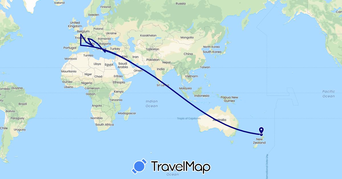TravelMap itinerary: driving in United Arab Emirates, Spain, France, Greece, Croatia, Italy, Monaco, New Zealand (Asia, Europe, Oceania)